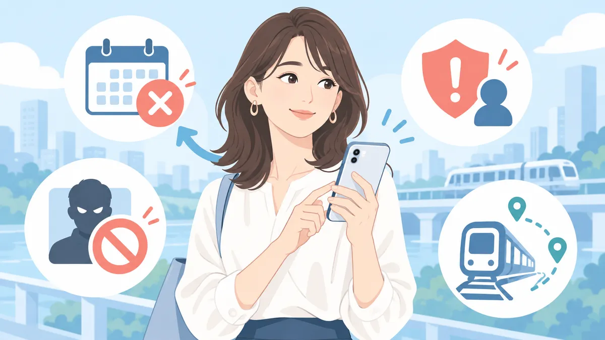 予定変更や通報とブロックに対処する女性