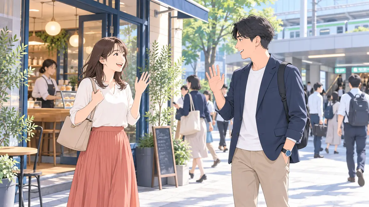 人通りのある駅前で待ち合わせる男女